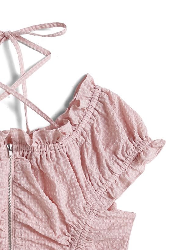 前後2Wayクロスネックダブルジップドロストトップス