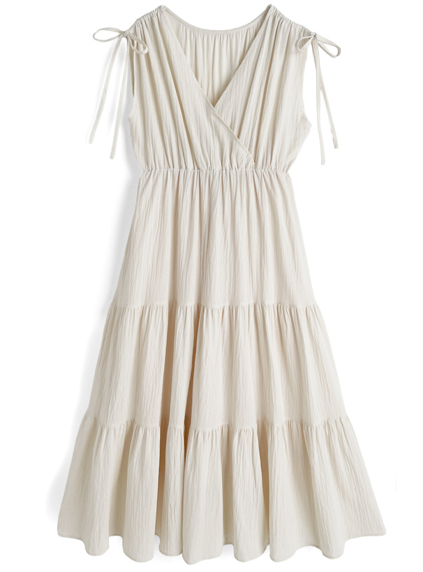 カシュクールギャザーリボンノースリーブワンピース