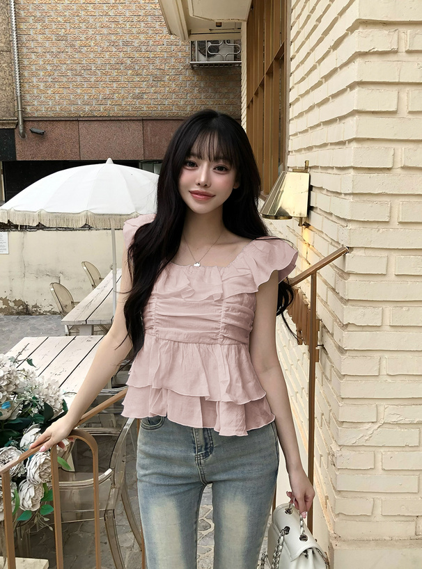 ギャザーフリルノースリーブブラウス