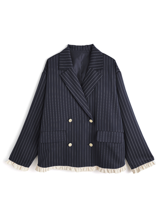 ストライプ柄配色フリルテーラードジャケット