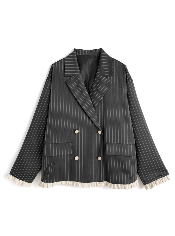 ストライプ柄配色フリルテーラードジャケット[fo2308] | レディース