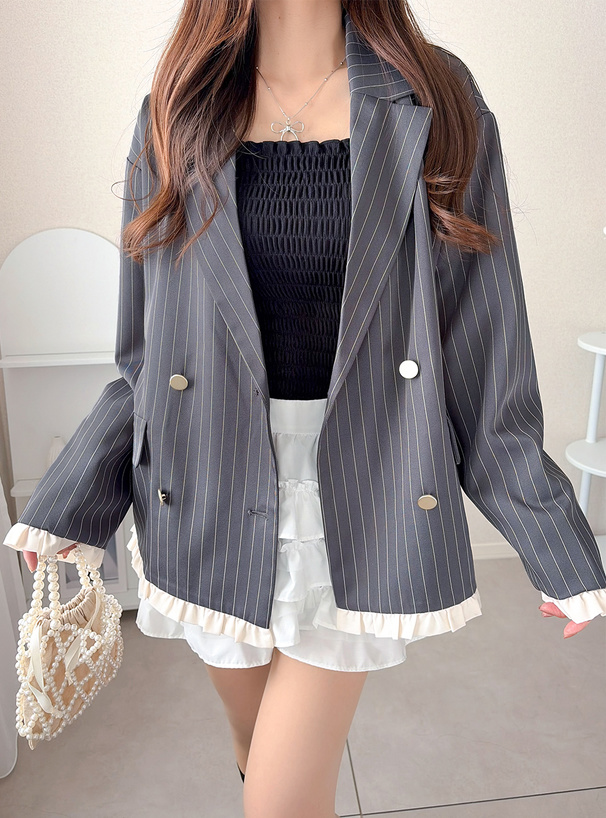 ストライプ柄配色フリルテーラードジャケット