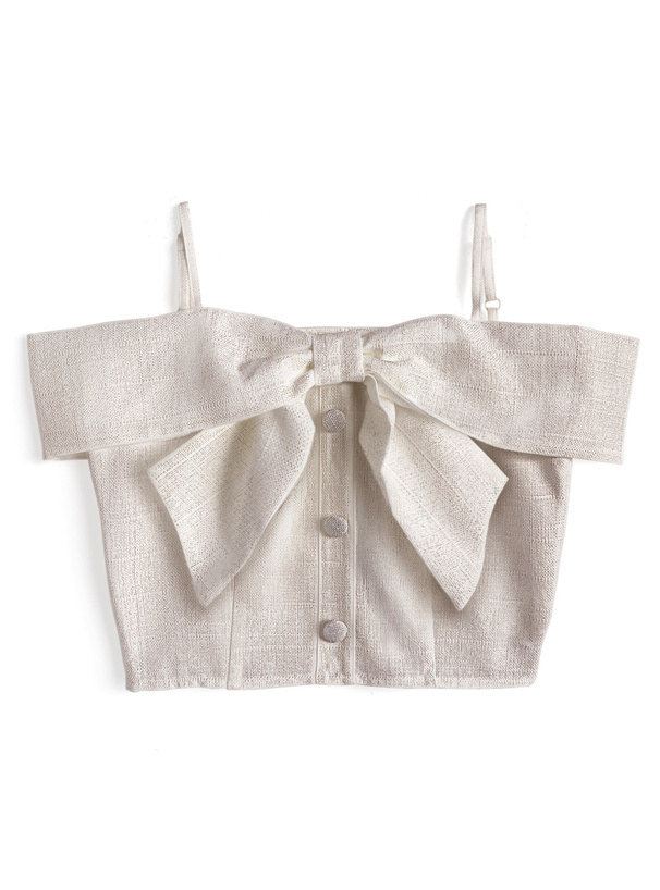 オフショルダーリボンツイードトップス