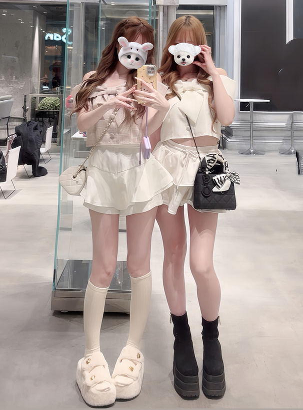 オフショルダーリボンツイードトップス