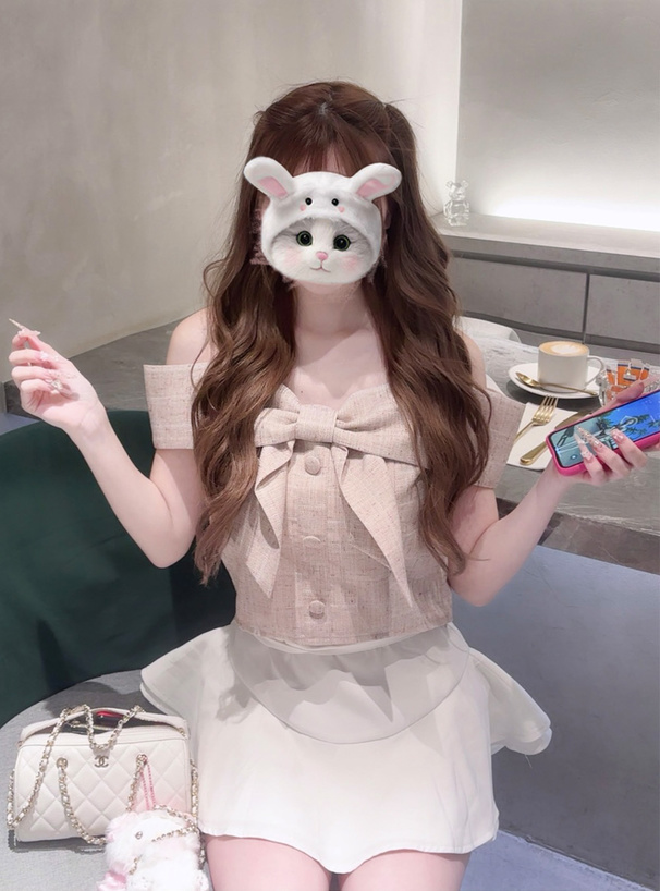 オフショルダーリボンツイードトップス