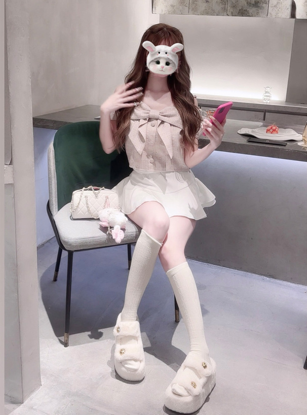 オフショルダーリボンツイードトップス