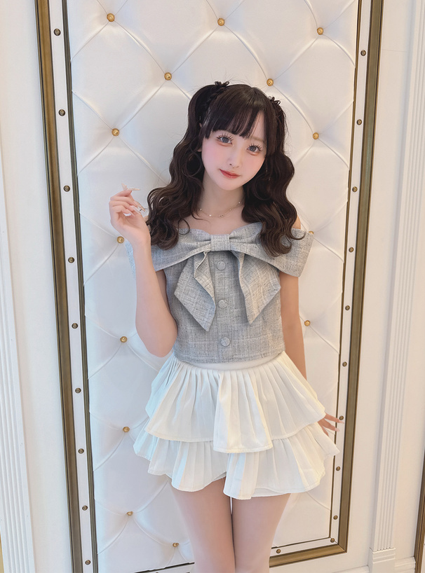 オフショルダーリボンツイードトップス