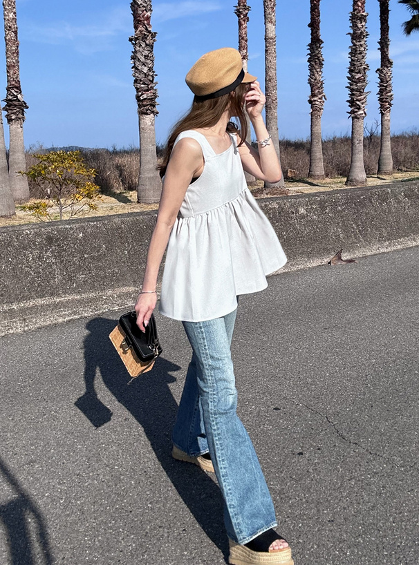 前後2Wayリボンノースリーブフレアトップス