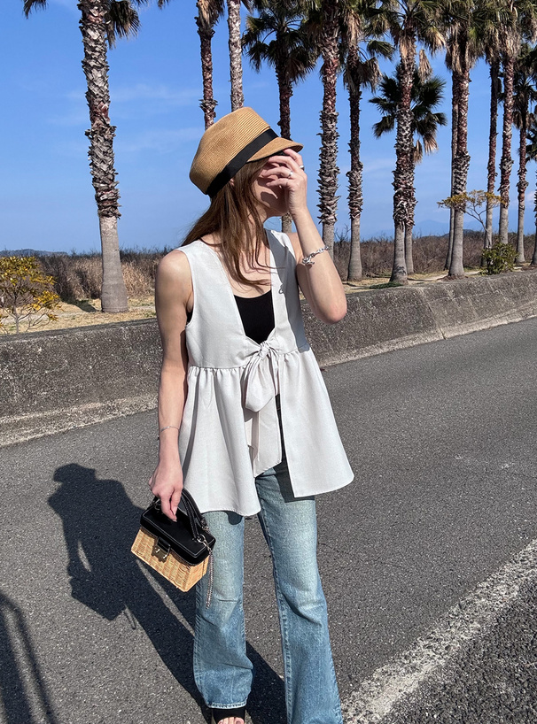 前後2Wayリボンノースリーブフレアトップス