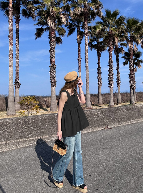 前後2Wayリボンノースリーブフレアトップス