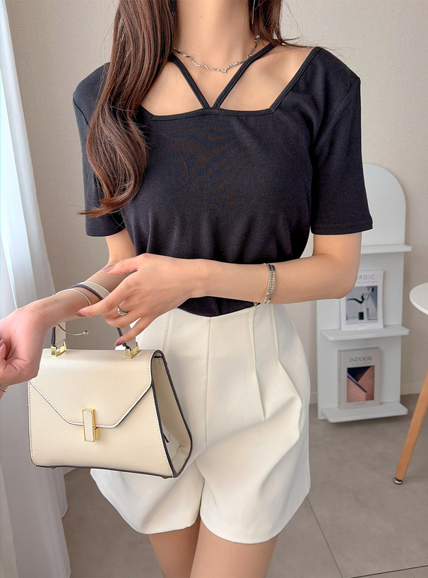 前後2Wayストラップネックリブトップス