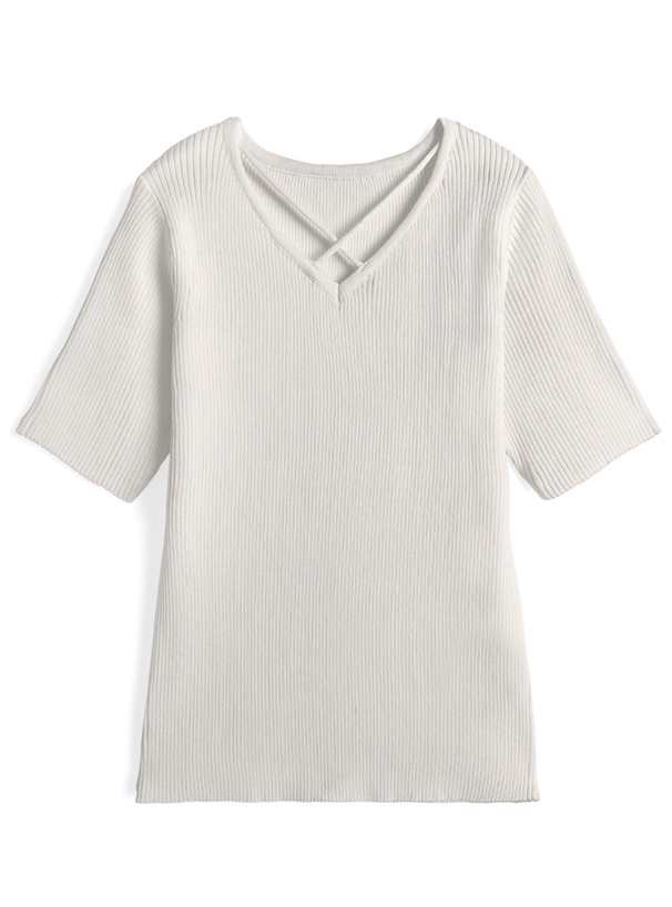 クロスネックリブニットトップス