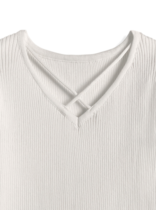 クロスネックリブニットトップス