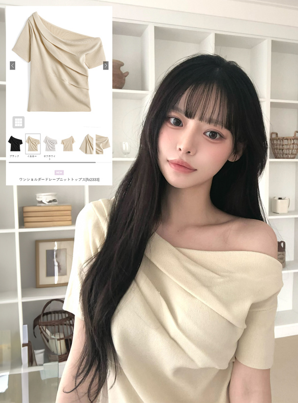 ワンショルダードレープニットトップス