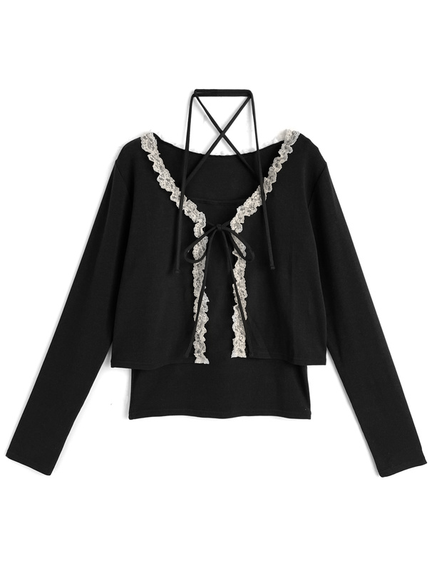 リボンフリルレースカーディガン×クロスネックキャミソールアンサンブル