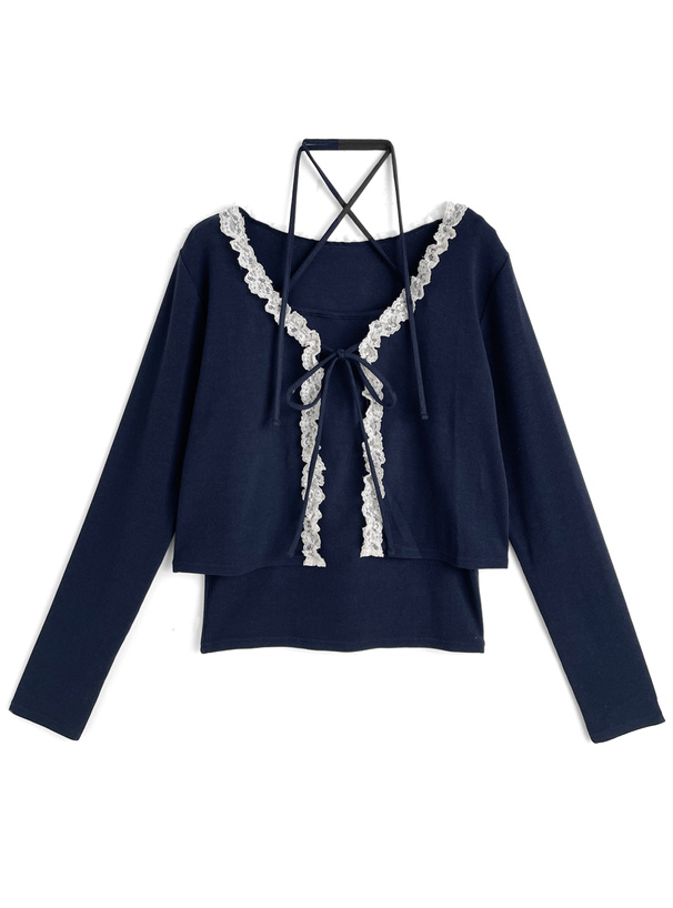 リボンフリルレースカーディガン×クロスネックキャミソールアンサンブル