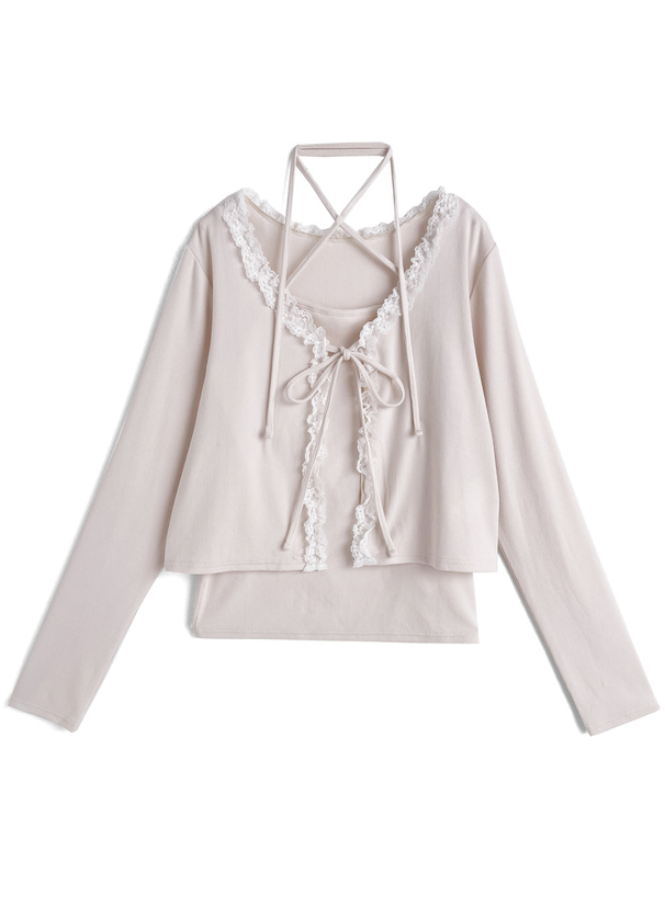 リボンフリルレースカーディガン×クロスネックキャミソールアンサンブル