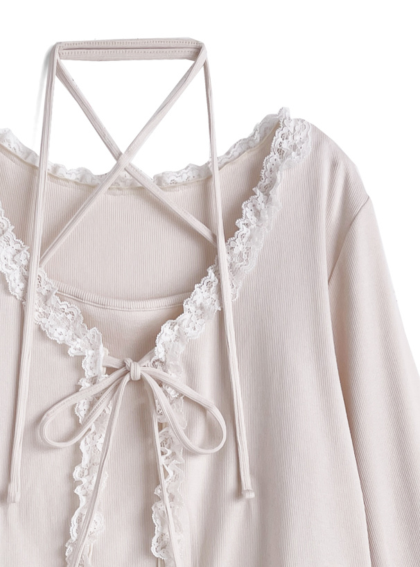 リボンフリルレースカーディガン×クロスネックキャミソールアンサンブル