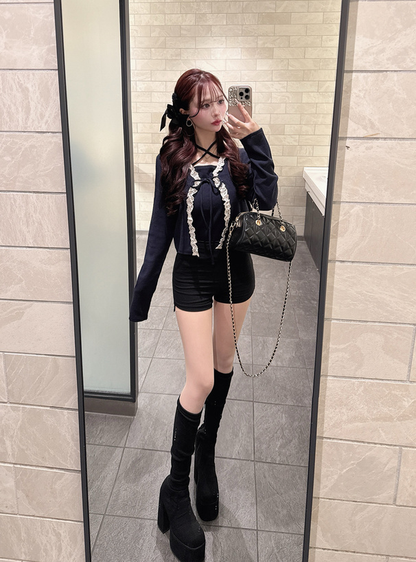 リボンフリルレースカーディガン×クロスネックキャミソールアンサンブル