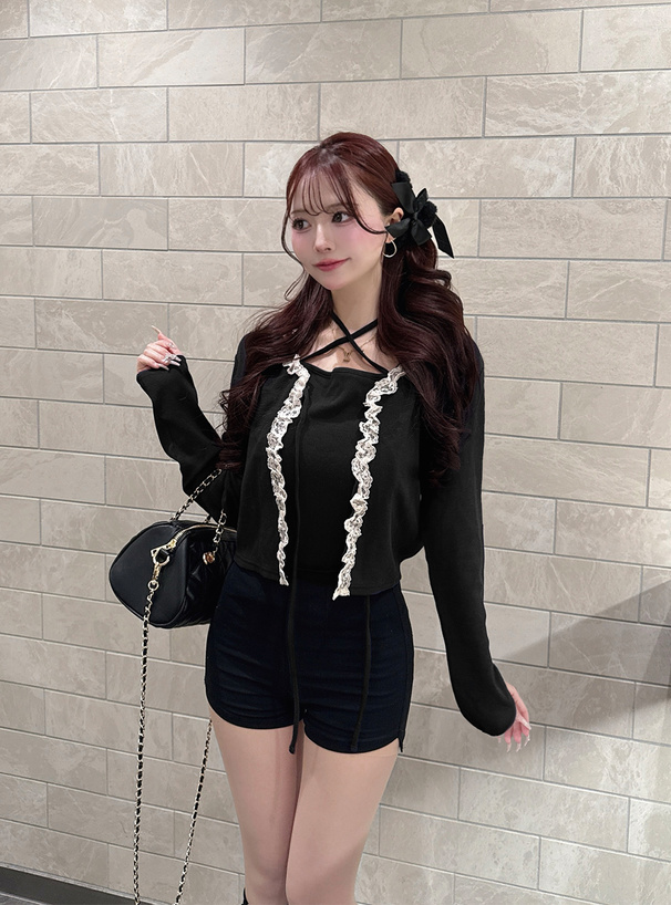 リボンフリルレースカーディガン×クロスネックキャミソールアンサンブル