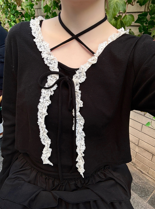 リボンフリルレースカーディガン×クロスネックキャミソールアンサンブル
