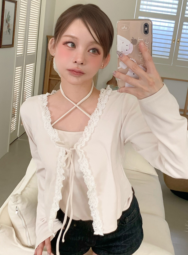 リボンフリルレースカーディガン×クロスネックキャミソールアンサンブル