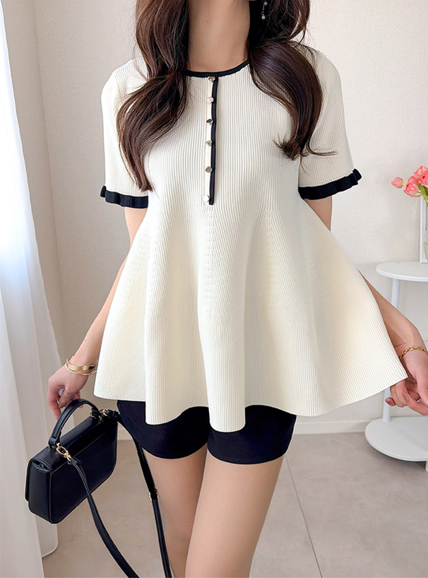 配色ペプラムニットトップス