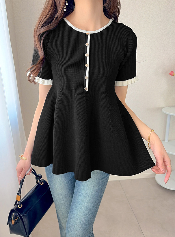 配色ペプラムニットトップス