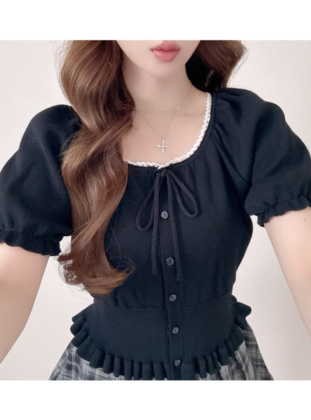 リボンフリルニットトップス