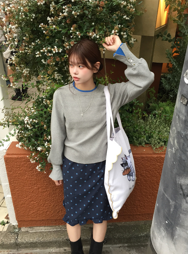 配色レイヤード風ボリュームスリーブニットトップス[fo2386