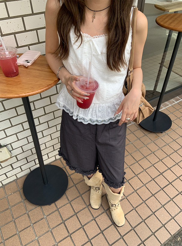 パンチングレースリボンフリルキャミソールトップス