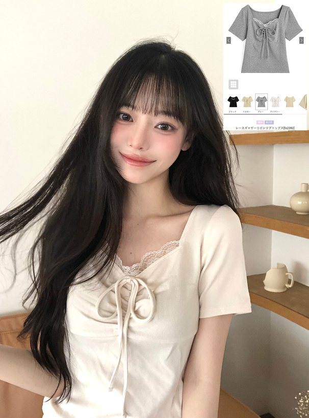 レースギャザーリボンリブトップス[fo2392] | レディースファッション