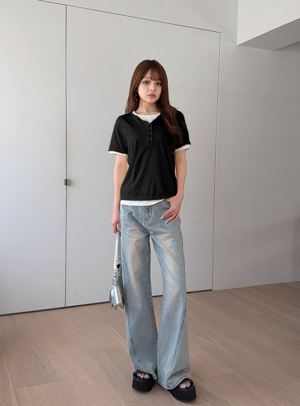 ヘンリーネックトップス×ドット柄トップスアンサンブル