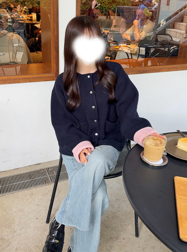 配色ビッグポケットニットカーディガン
