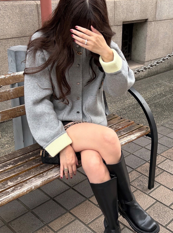 配色ビッグポケットニットカーディガン