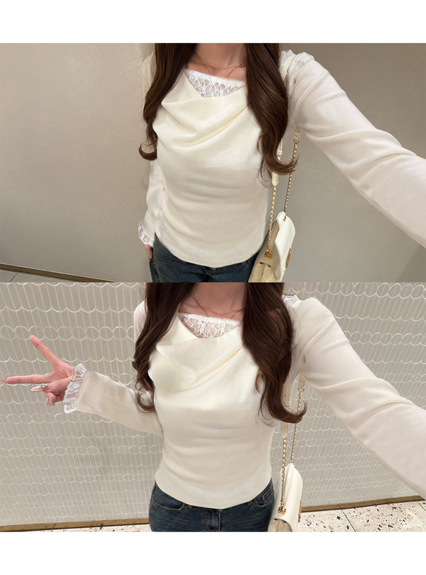 レースレイヤード風ドレープニットトップス