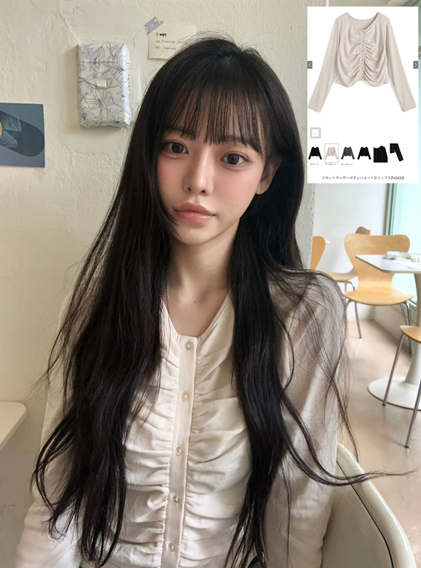 フロントギャザーボタンショート丈トップス