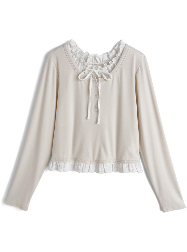 フリルレイヤード風リボンヘンリーネックリブトップス