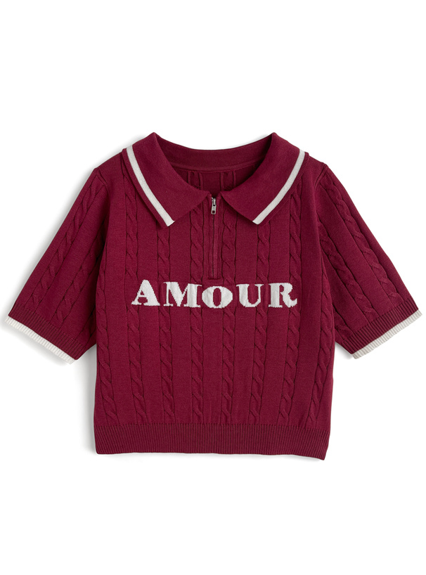 ハーフジップケーブル編みロゴニットトップス