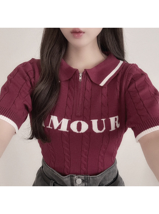 ハーフジップケーブル編みロゴニットトップス