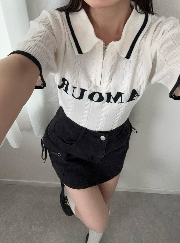 ハーフジップケーブル編みロゴニットトップス