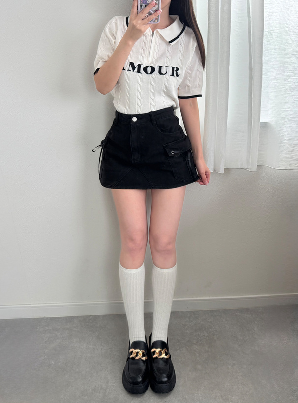 ハーフジップケーブル編みロゴニットトップス