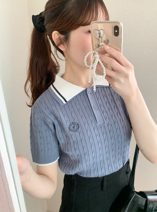 配色ケーブルポロニットトップス