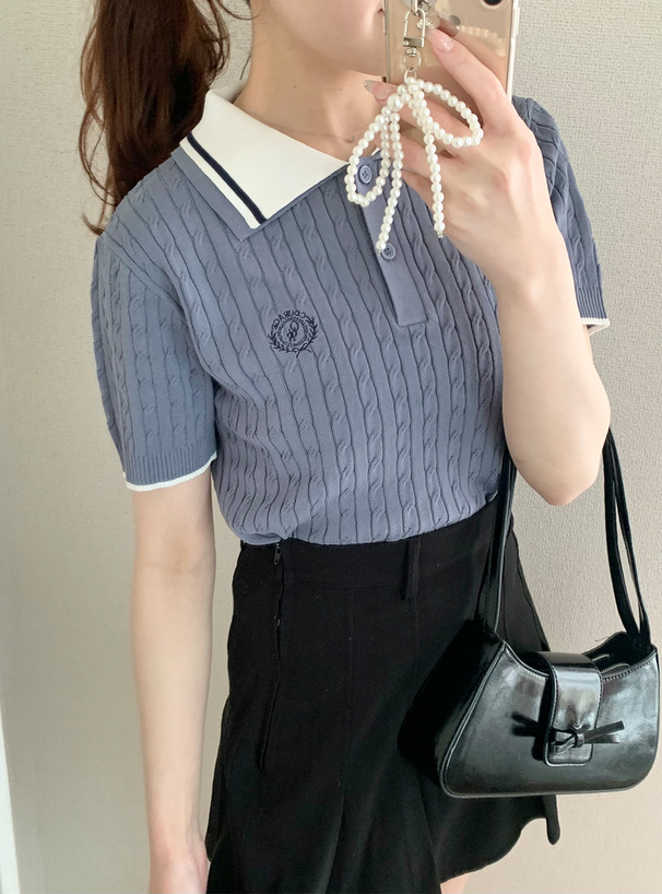 配色ケーブルポロニットトップス