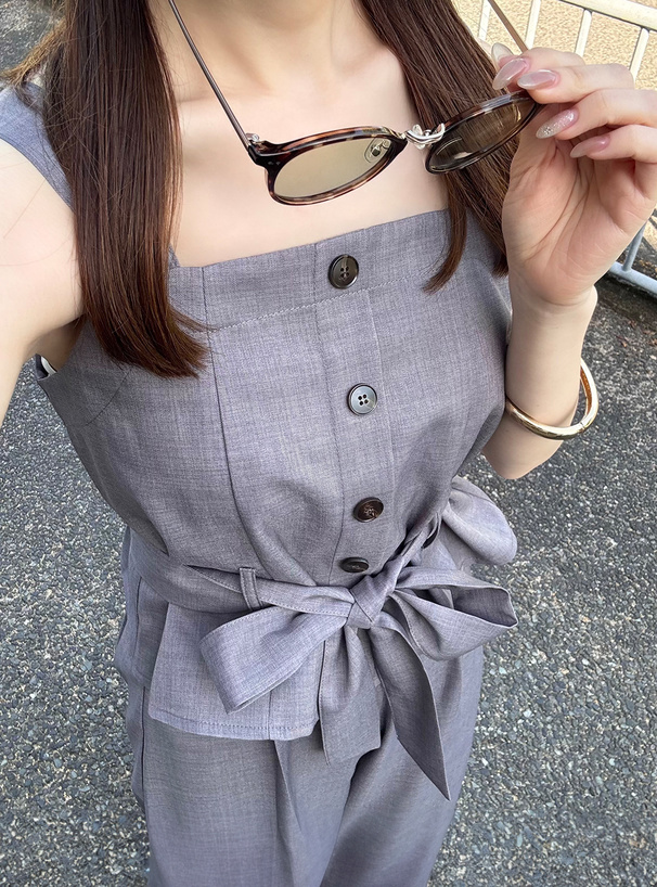 リボンベルト付きビスチェ×ワイドパンツセットアップ