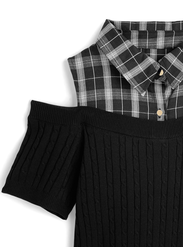 チェック柄シャツオフショルダーケーブル編みニットトップス