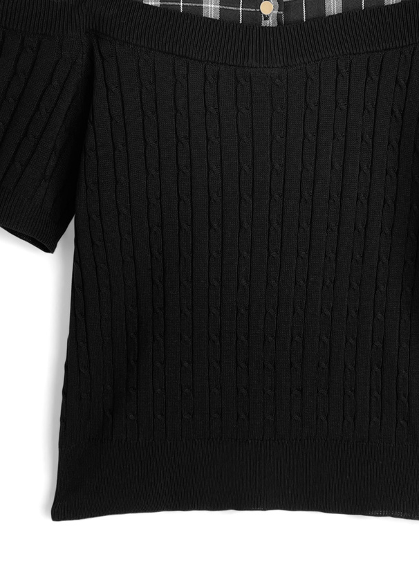 チェック柄シャツオフショルダーケーブル編みニットトップス