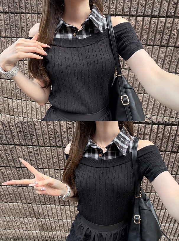 チェック柄シャツオフショルダーケーブル編みニットトップス
