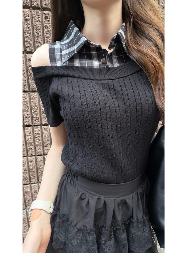 チェック柄シャツオフショルダーケーブル編みニットトップス