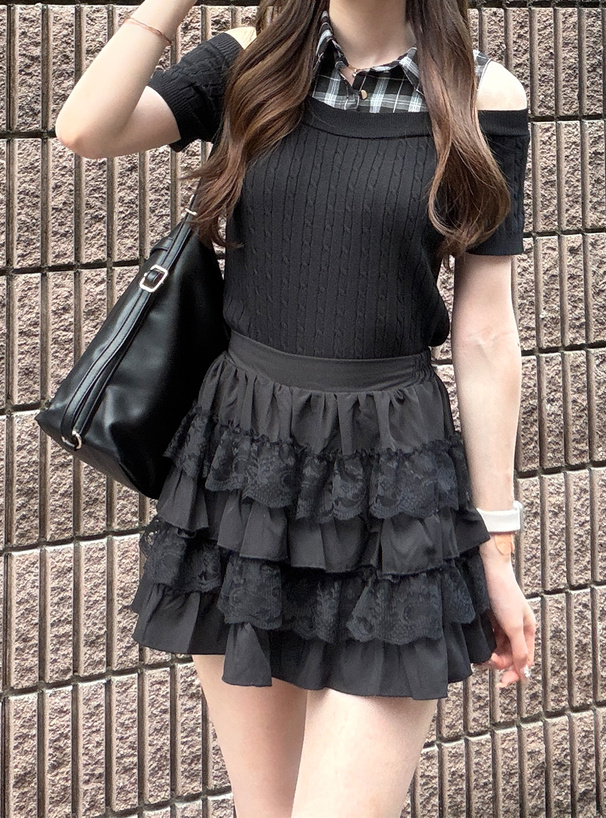 チェック柄シャツオフショルダーケーブル編みニットトップス
